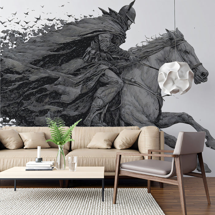 Medieval Knight on Horseback in Bat Swarm Detailed Engraving Style Mural Wallpaper | Dark Fantasy Scene