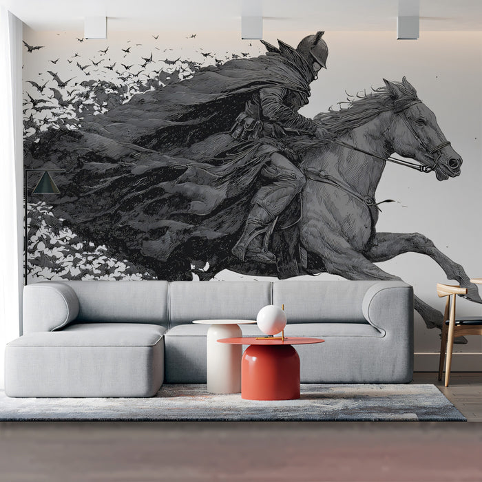Medieval Knight on Horseback in Bat Swarm Detailed Engraving Style Mural Wallpaper | Dark Fantasy Scene