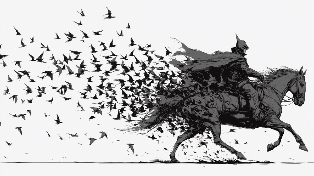 Batman on Horseback Dissolving into Ravens Dynamic High-Contrast Ink Sketch Mural Wallpaper | Fantasy Art