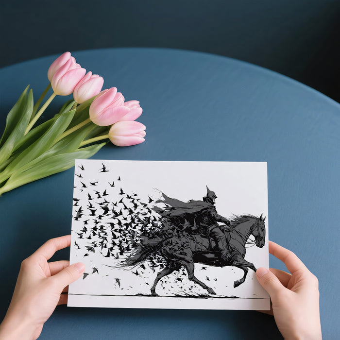 Batman on Horseback Dissolving into Ravens Dynamic High-Contrast Ink Sketch Mural Wallpaper | Fantasy Art