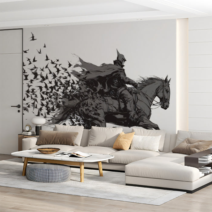 Batman on Horseback Dissolving into Ravens Dynamic High-Contrast Ink Sketch Mural Wallpaper | Fantasy Art
