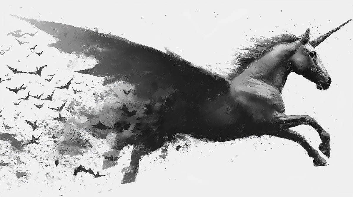Winged Unicorn Dissolving into Bats Black White Ink Wash Mural Wallpaper | Dynamic Fantasy Transformation