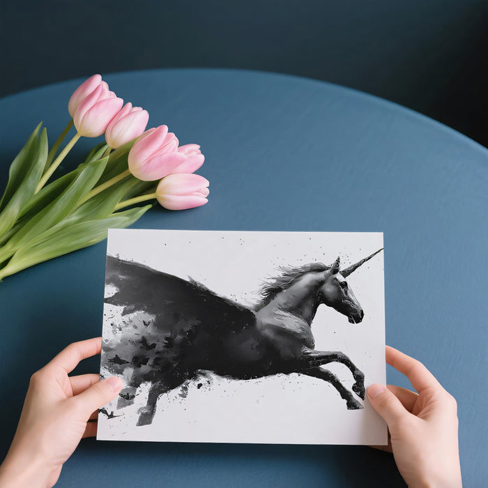 Winged Unicorn Dissolving into Bats Black White Ink Wash Mural Wallpaper | Dynamic Fantasy Transformation