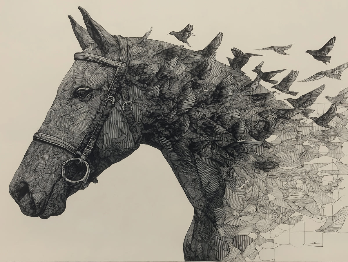 Bridled Horse Head Dissolving into Birds Highly Detailed Ink Engraving Mural Wallpaper | Dynamic Portrait