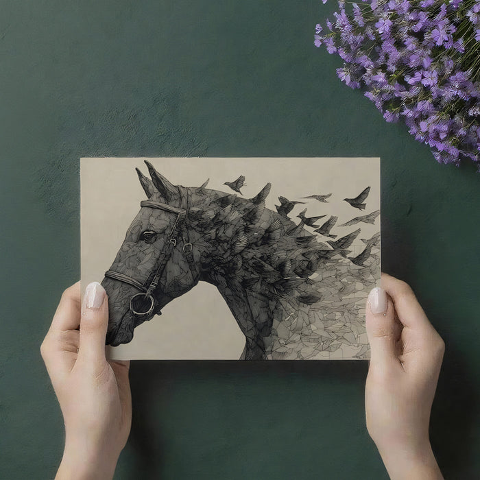 Bridled Horse Head Dissolving into Birds Highly Detailed Ink Engraving Mural Wallpaper | Dynamic Portrait