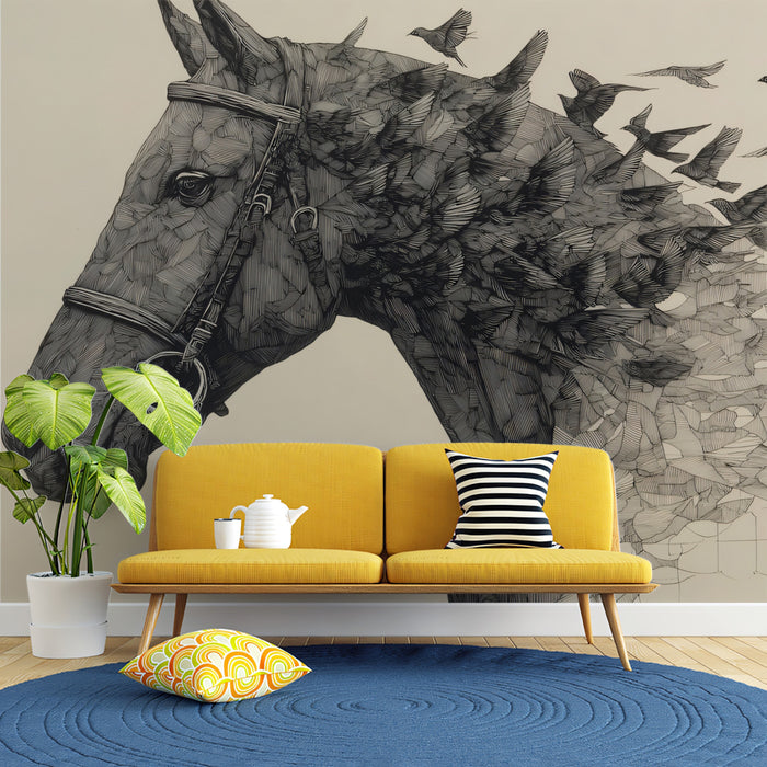 Bridled Horse Head Dissolving into Birds Highly Detailed Ink Engraving Mural Wallpaper | Dynamic Portrait