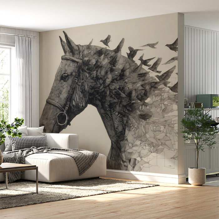 Bridled Horse Head Dissolving into Birds Highly Detailed Ink Engraving Mural Wallpaper | Dynamic Portrait