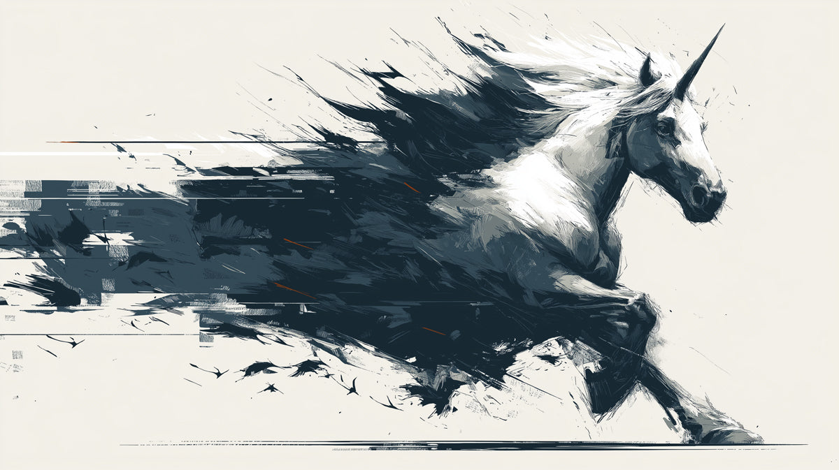Unicorn Galloping from Abstract Streaks Dynamic Ink Sketch Mural Wallpaper | High-Velocity Fantasy Art