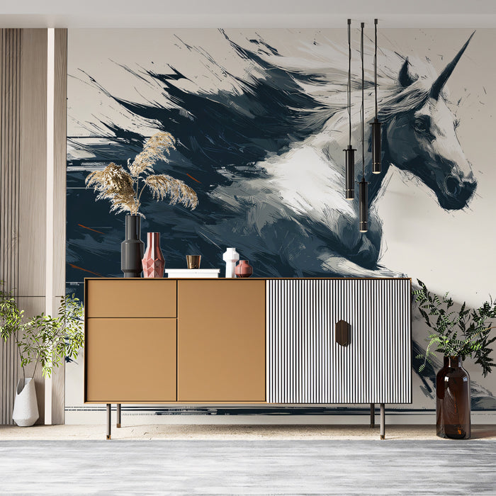 Unicorn Galloping from Abstract Streaks Dynamic Ink Sketch Mural Wallpaper | High-Velocity Fantasy Art