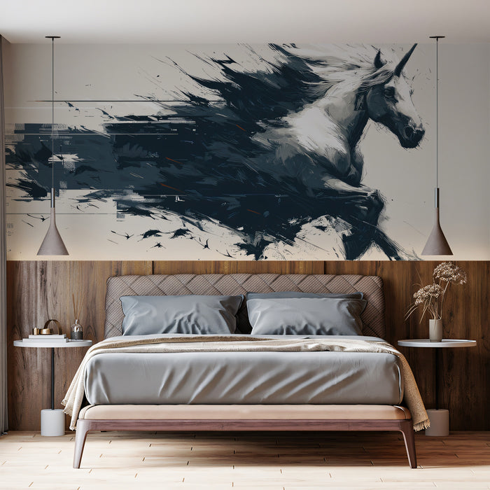 Unicorn Galloping from Abstract Streaks Dynamic Ink Sketch Mural Wallpaper | High-Velocity Fantasy Art