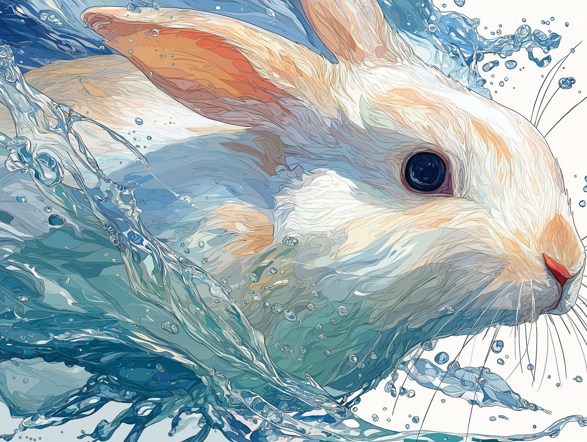 White Rabbit in Water Splash Blue White Watercolor Digital Painting Mural Wallpaper | Vibrant Wildlife Art