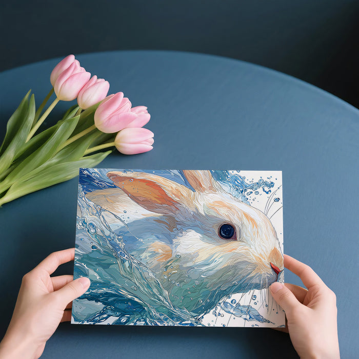 White Rabbit in Water Splash Blue White Watercolor Digital Painting Mural Wallpaper | Vibrant Wildlife Art
