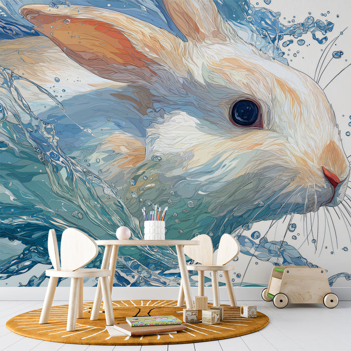 White Rabbit in Water Splash Blue White Watercolor Digital Painting Mural Wallpaper | Vibrant Wildlife Art
