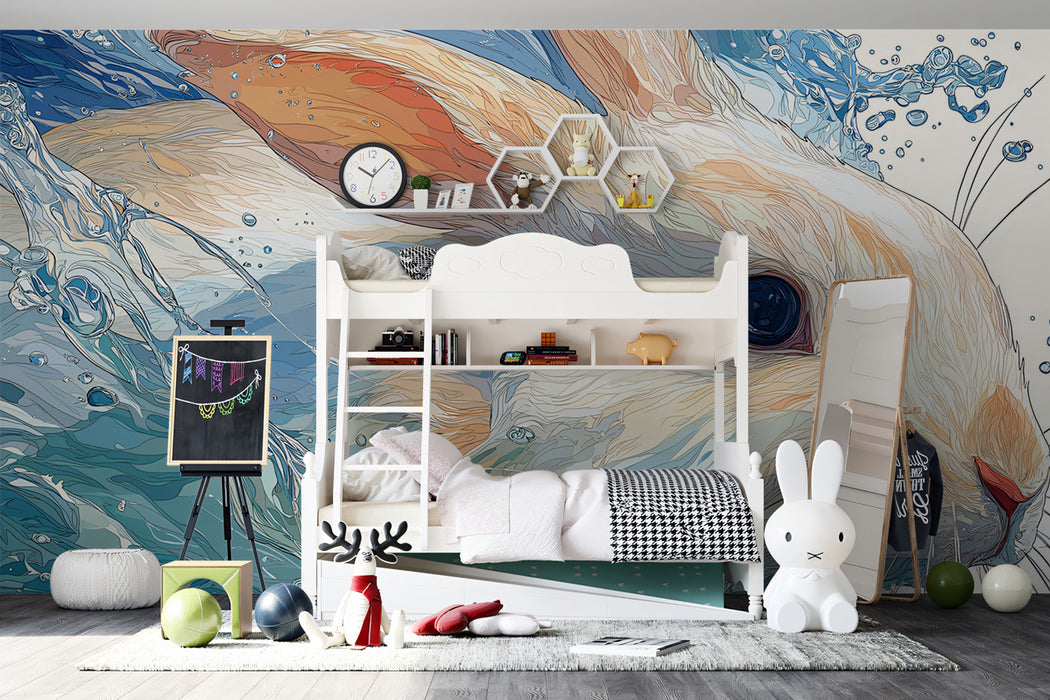 White Rabbit in Water Splash Blue White Watercolor Digital Painting Mural Wallpaper | Vibrant Wildlife Art