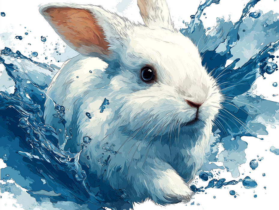 White Rabbit Emerging from Blue Water High-Contrast Water Splash Digital Painting Mural Wallpaper