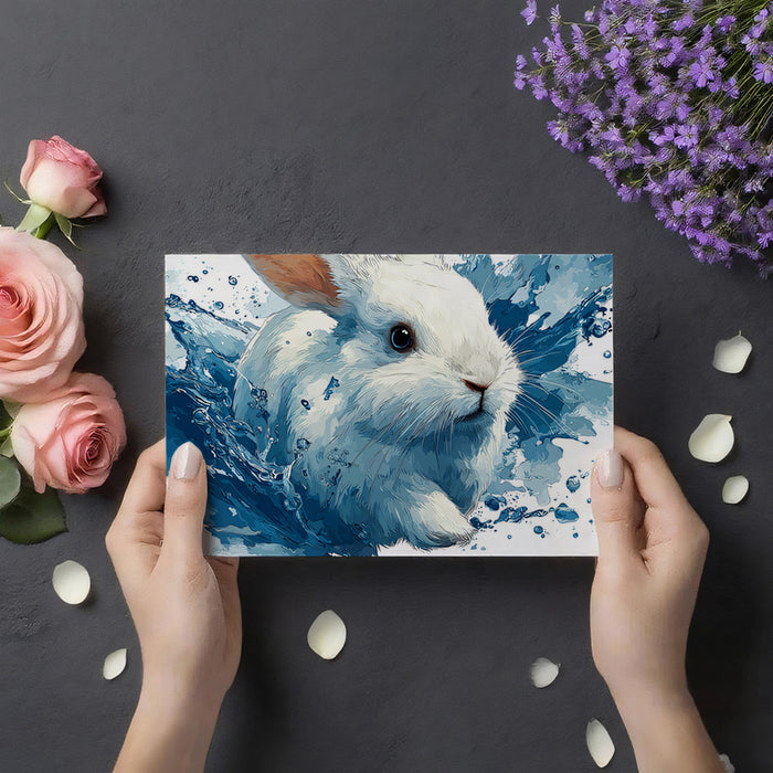 White Rabbit Emerging from Blue Water High-Contrast Water Splash Digital Painting Mural Wallpaper