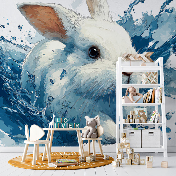 White Rabbit Emerging from Blue Water High-Contrast Water Splash Digital Painting Mural Wallpaper