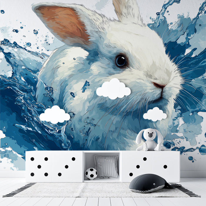 White Rabbit Emerging from Blue Water High-Contrast Water Splash Digital Painting Mural Wallpaper