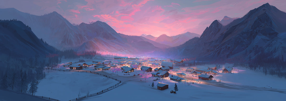 Alpine Christmas Village Mural Wallpaper | Pink Sunset Glow, Cozy Cabin Lights, Winter Mountain Landscape