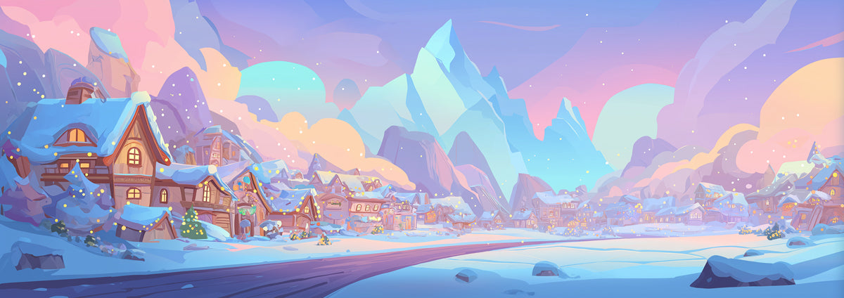 Cartoon Arctic Christmas Village Mural Wallpaper | Pastel Fantasy Sky, Whimsical Snowscape, Vibrant Winter Scene