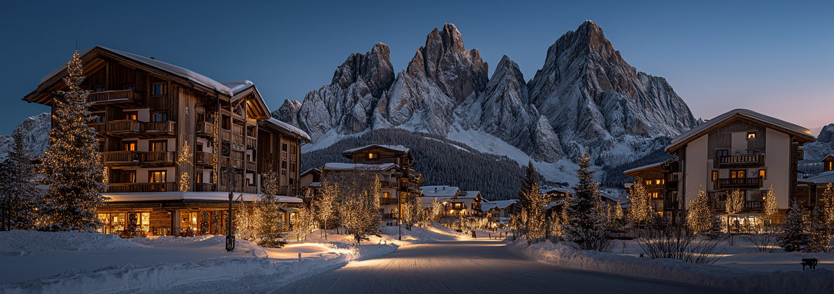 Luxury Ski Resort Christmas Mural Wallpaper | Dolomite Peaks, Golden Lights, Hyper-Realistic Winter Scene