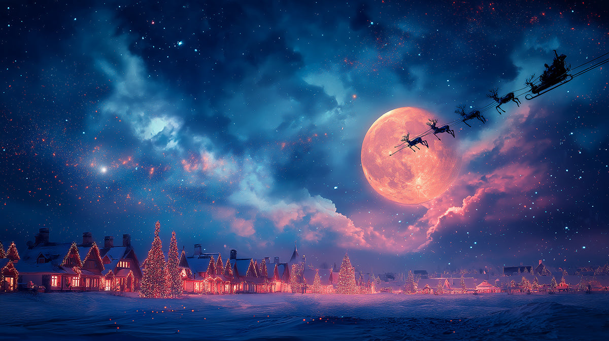 Celestial Christmas Night Mural Wallpaper | Neon Clouds, Supermoon Glow, Santa Flight Fantasy