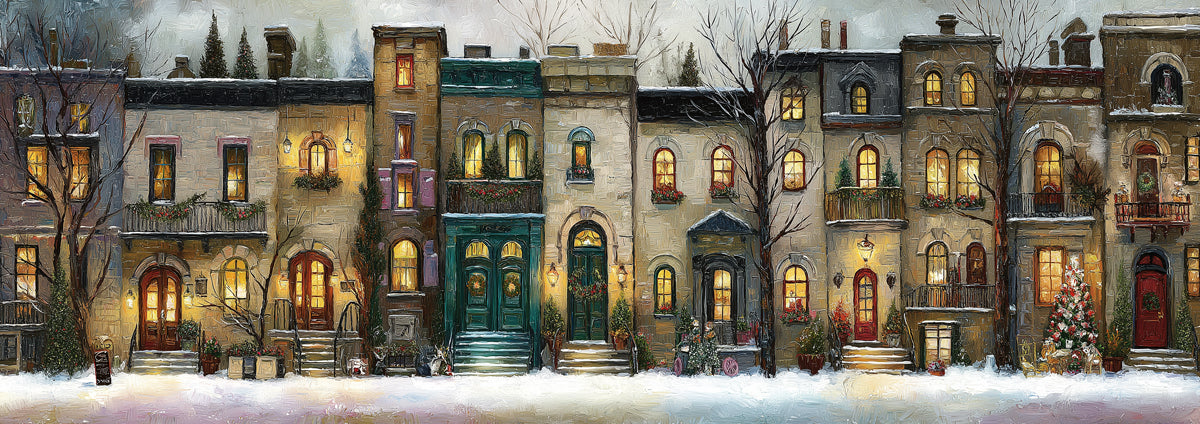 Traditional Townhouse Christmas Mural Wallpaper | Oil Painting, Warm Window Glow, Cozy European Street