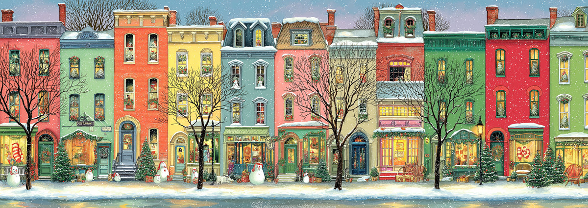 Colorful Christmas Street Mural Wallpaper | Vibrant Row Houses, Folk Art Style, Cheerful Snowscape