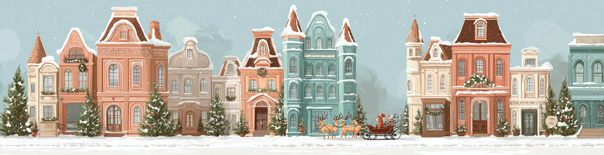 Pastel Christmas Street Mural Wallpaper | Watercolor Style, Santa and Reindeer, Cozy Holiday Scene