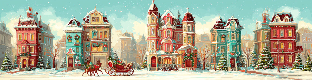 Victorian Town Watercolor Christmas Mural Wallpaper | Bright Colors, Sleigh Scene, Festive Snowscape