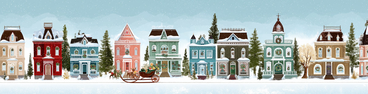Classic Christmas Street Illustration Mural Wallpaper | Cozy Holiday Scene, Sleigh Ride, Detailed Townhouses