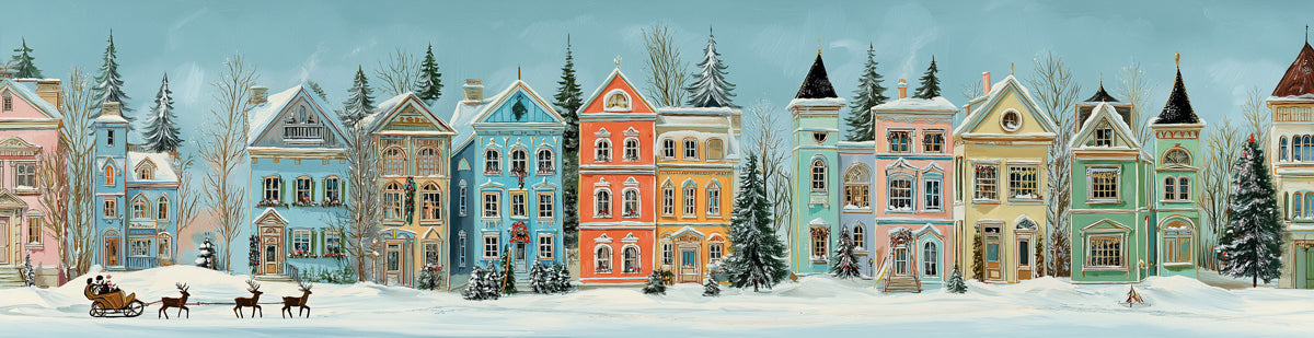 Pastel Christmas Town Panorama Mural Wallpaper | Watercolor Houses, Sleigh Ride, Light Blue Sky