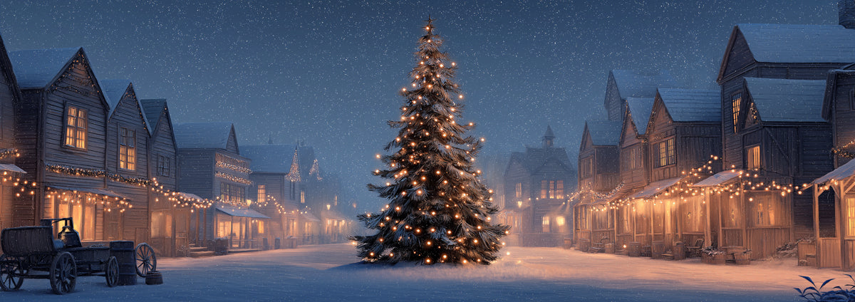 Snowy Western Town Christmas Mural Wallpaper | Cinematic Night Scene, Glowing Tree, Rustic Holiday Lights