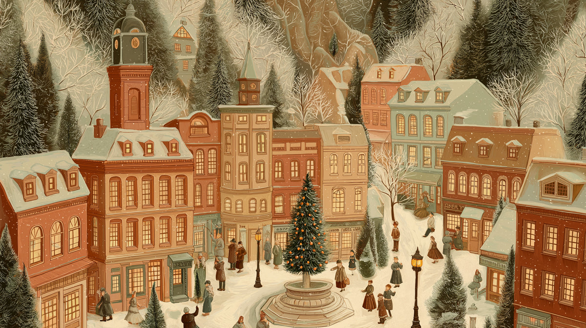 Victorian Town Square Christmas Mural Wallpaper | Storybook Illustration, Soft Snowfall, Nostalgic Crowd Scene