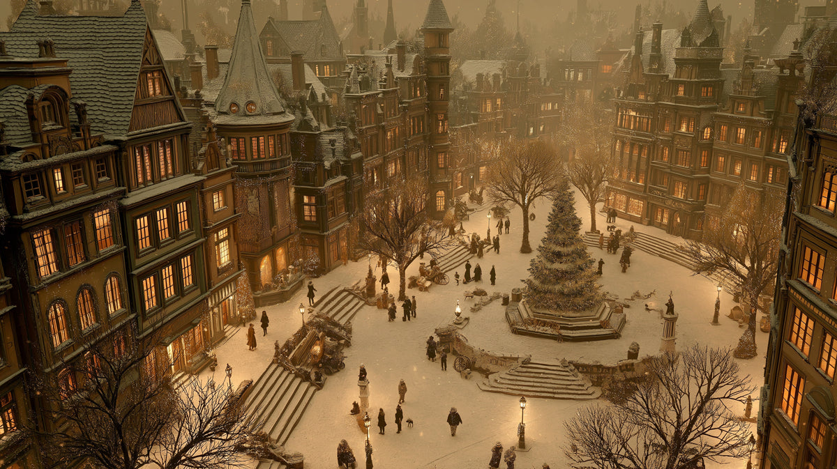 Victorian Christmas Night Scene Mural Wallpaper | Cinematic Lighting, Golden Glow, Dickensian Urban Square