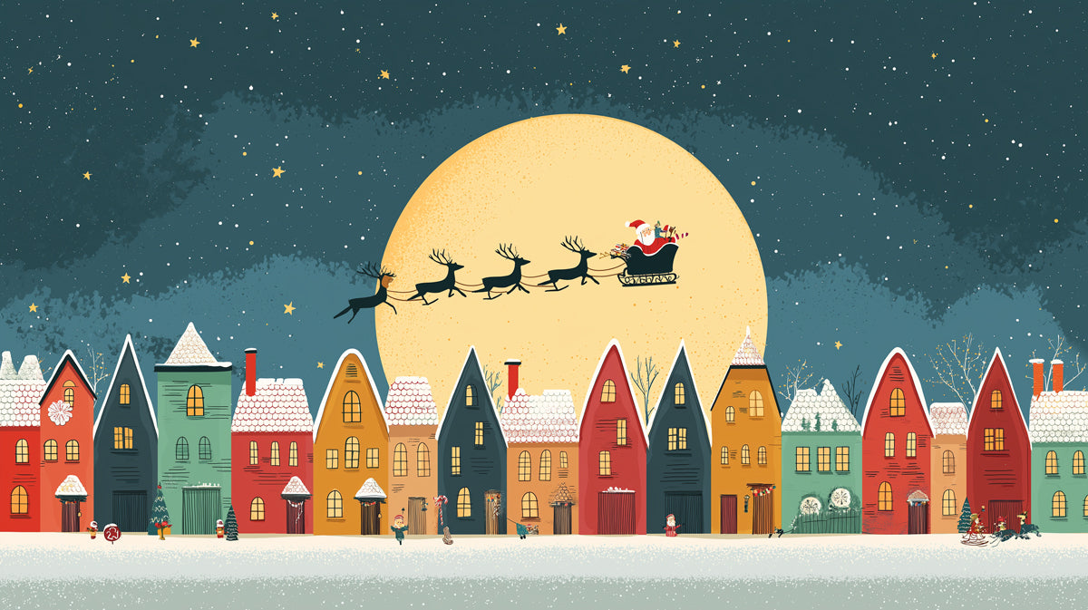 Folk Art Christmas Village Night Mural Wallpaper | Santa Sleigh, Geometric Houses, Bright Moon Silhouette