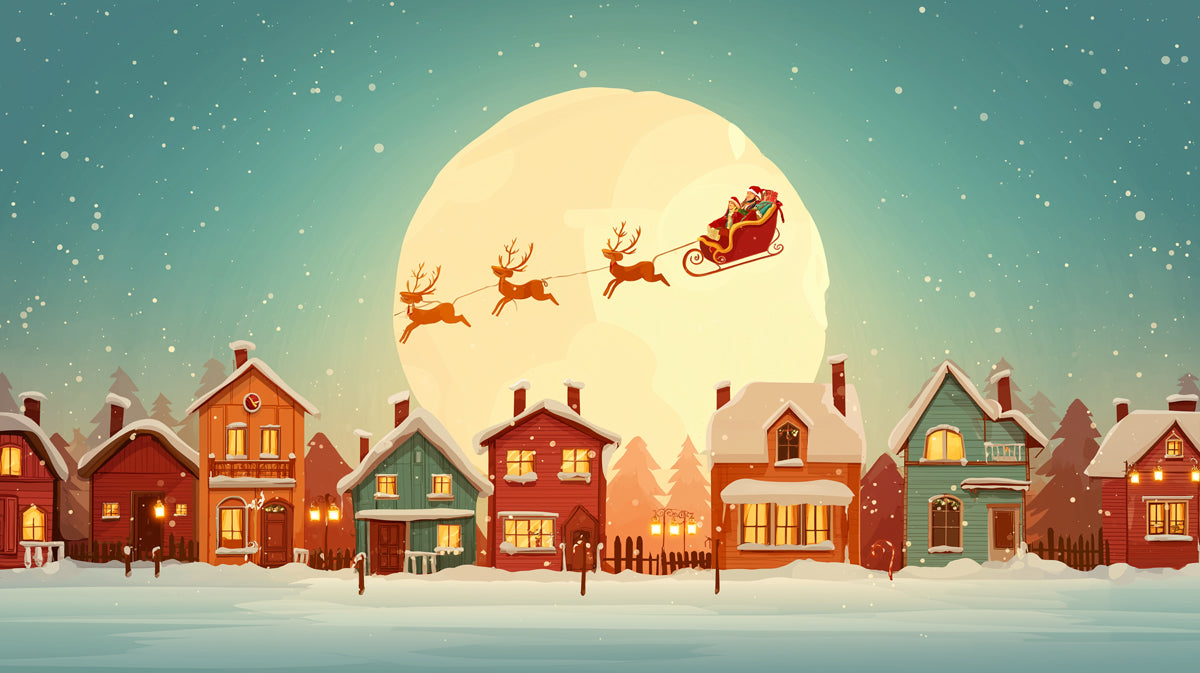 Cartoon Christmas Village Night Mural Wallpaper | Santa Flight, Warm Lights, Cheerful Winter Illustration