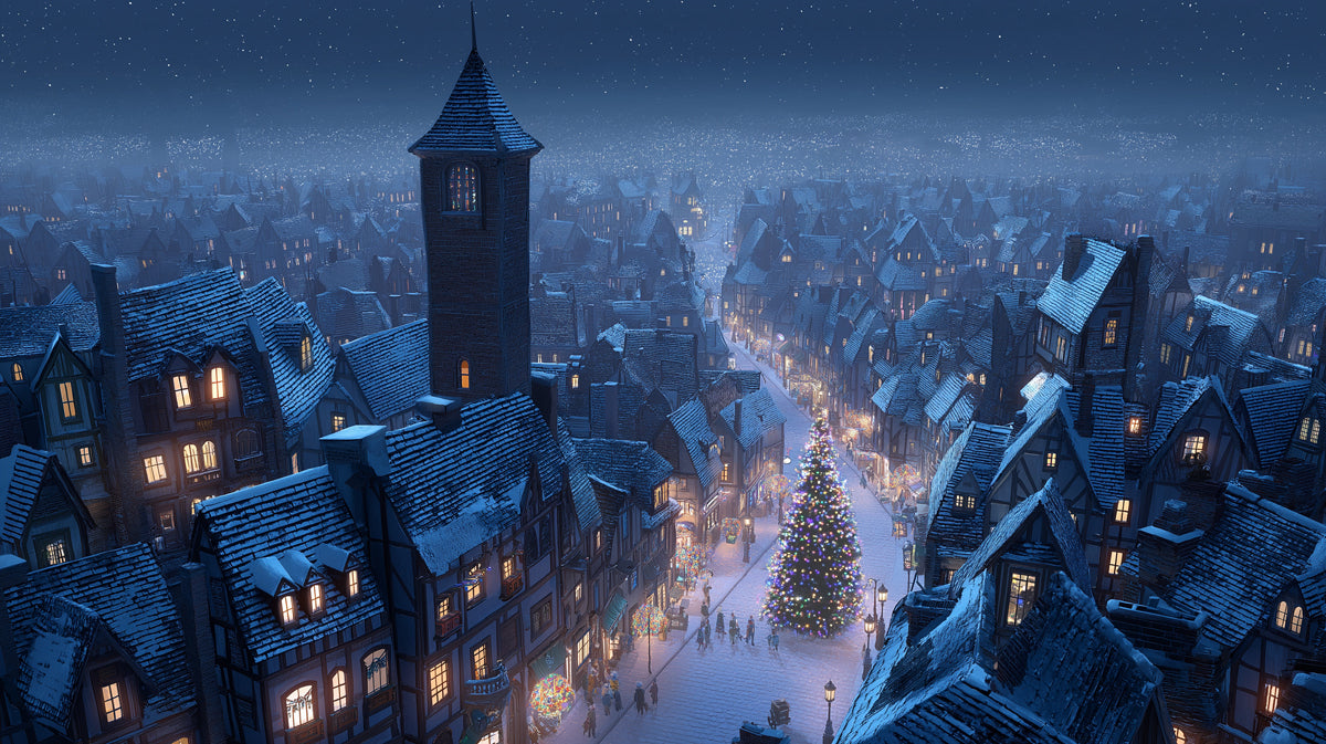Dickensian Christmas Night Mural Wallpaper | Snowy Cityscape, Central Tree Glow, Cinematic Blue Tones