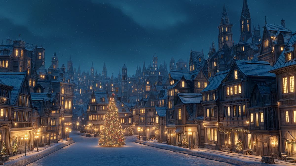 Old European Christmas City Mural Wallpaper | Snowy Street, Gothic Architecture, Golden Warm Window Glow