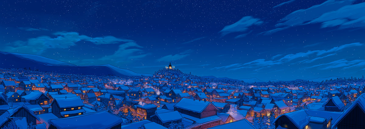 Cartoon Snowy Mountain Village Mural Wallpaper | Blue Night Sky, Wide Panorama, Warm Cabin Lights
