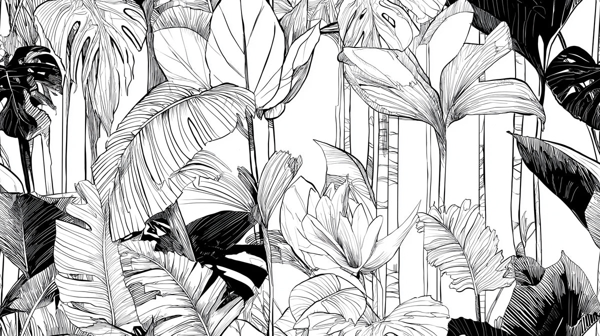 High Contrast Tropical Leaf Mural Wallpaper | Bold Black and White Foliage