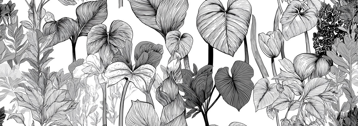 Mixed Floral and Foliage Mural Wallpaper | Elegant Greyscale Sketch