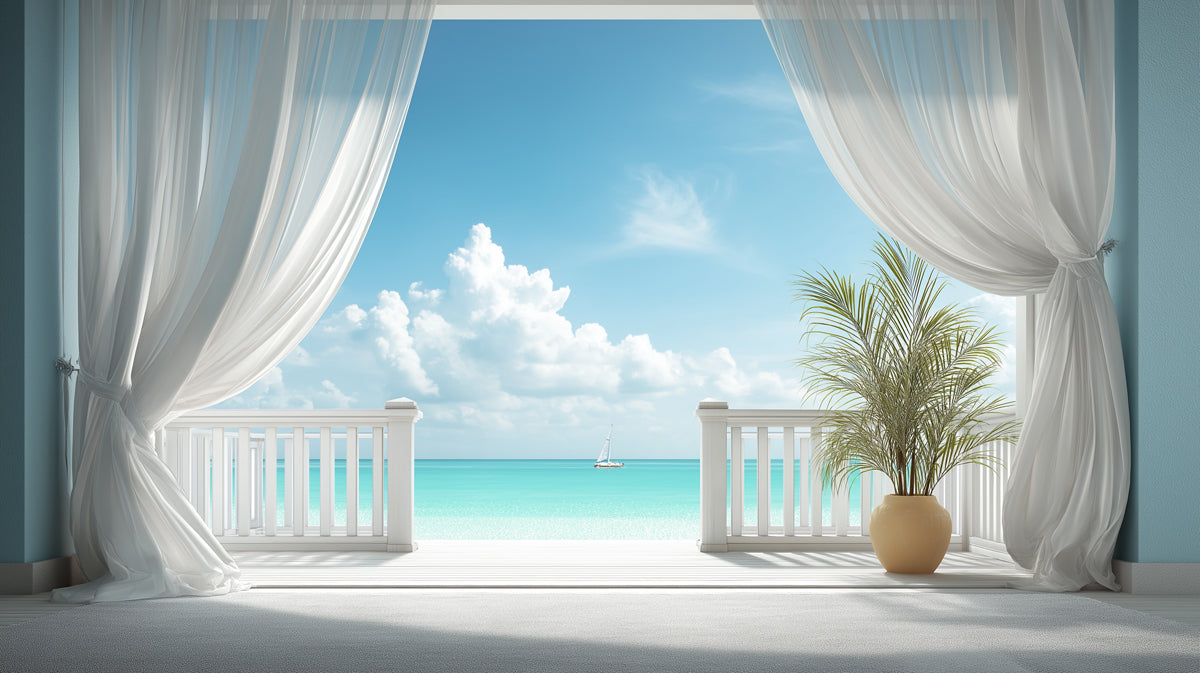 Serene Seaside Balcony Mural Wallpaper | Turquoise Ocean View