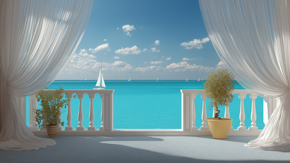 Panoramic Ocean Terrace Mural Wallpaper | Sailboats on Horizon