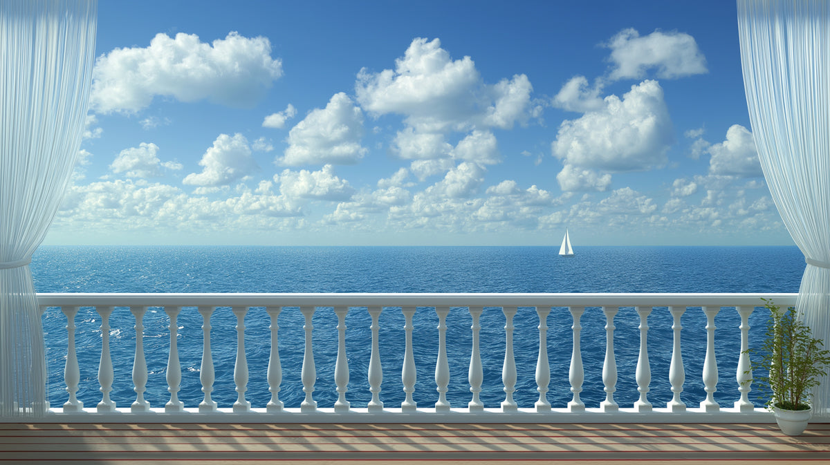 Classic Balcony Seascape Mural Wallpaper | Blue Sky and Clouds
