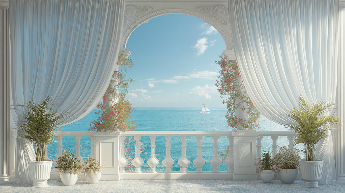 Floral Archway Balcony Mural Wallpaper | Romantic Sea View