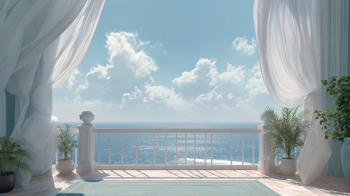 Breezy Curtains Terrace Mural Wallpaper | Relaxing Coastal Vibe