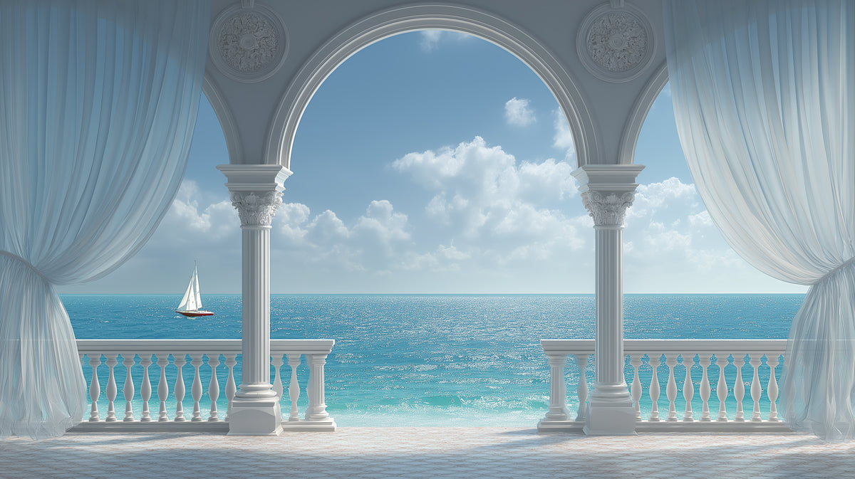 Grand Palace Balcony Mural Wallpaper | Luxury Ocean Landscape