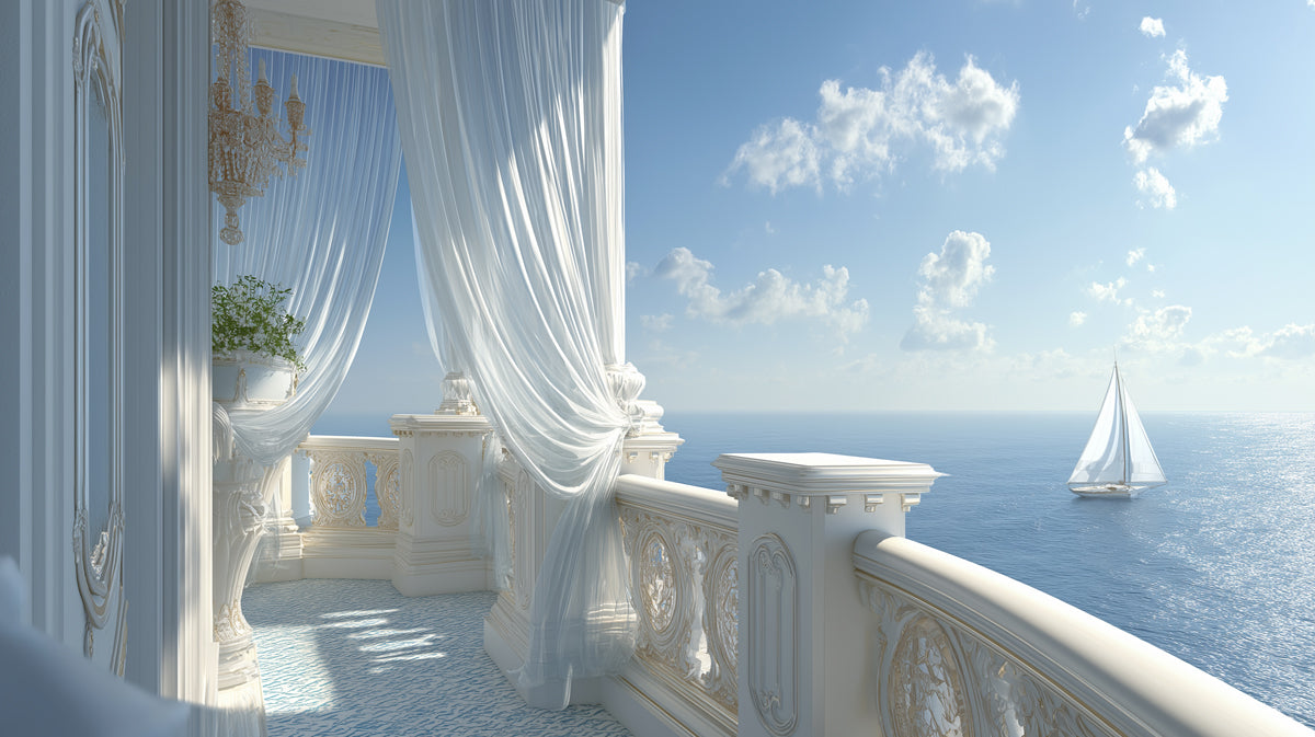 Ornate Side Balcony Mural Wallpaper | Elegant Chandelier View