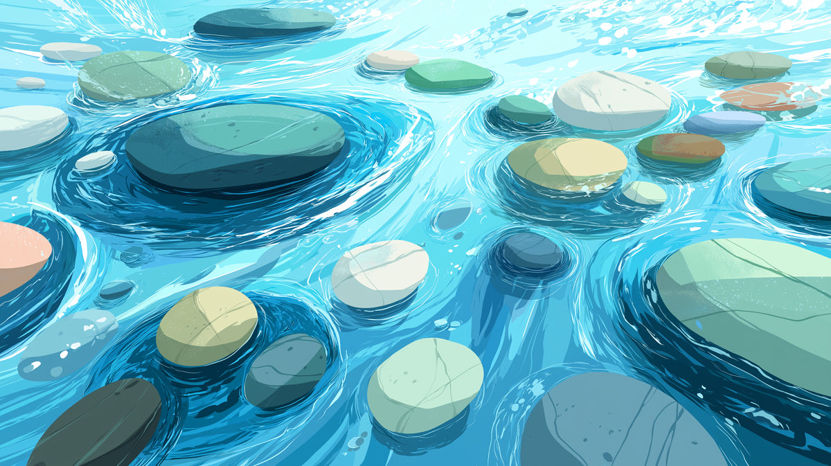 Tranquil River Stones Mural Wallpaper | Stylized Blue Water